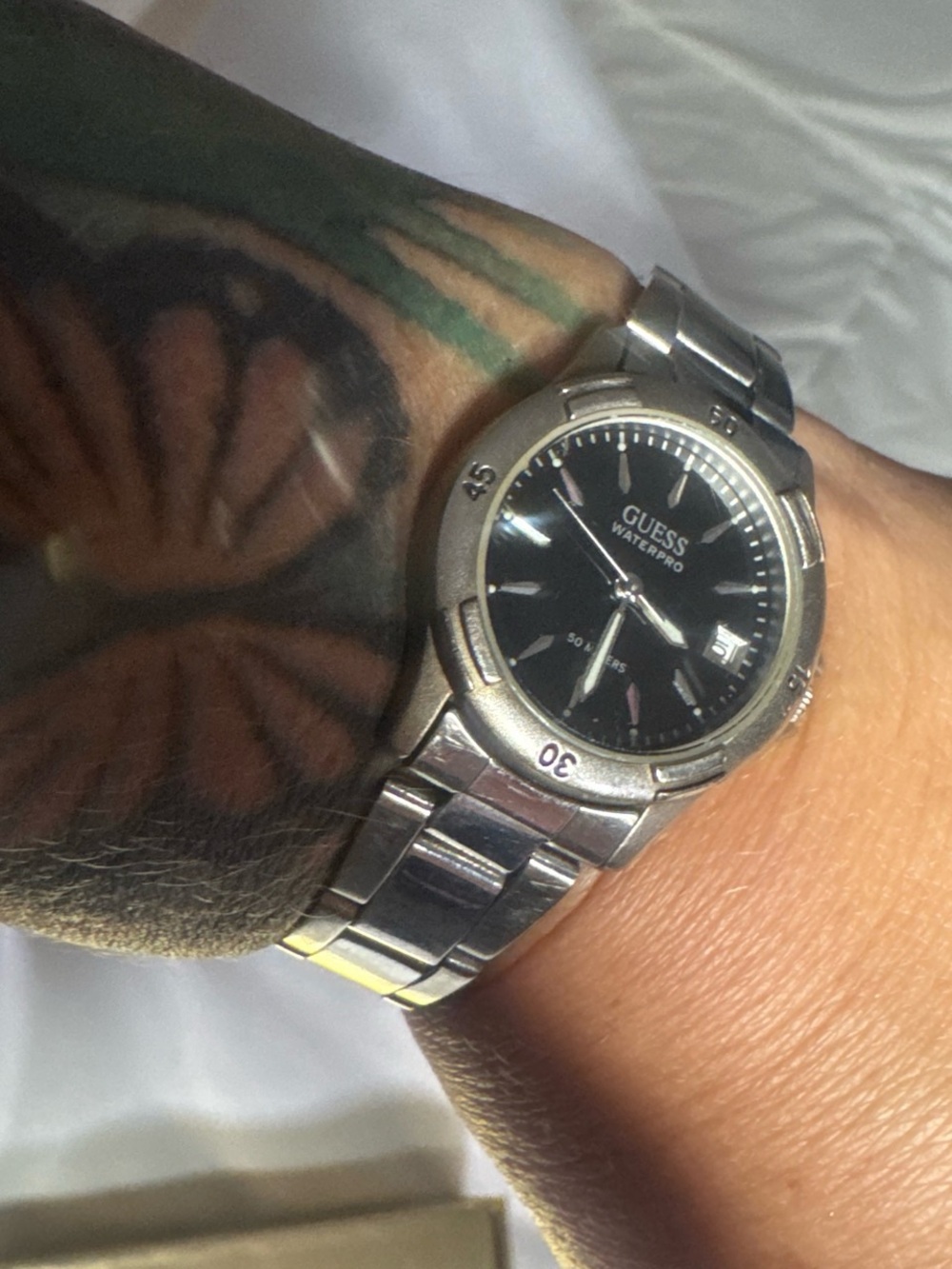 Guess Silver Stainless Steel Watch with Black Dial
